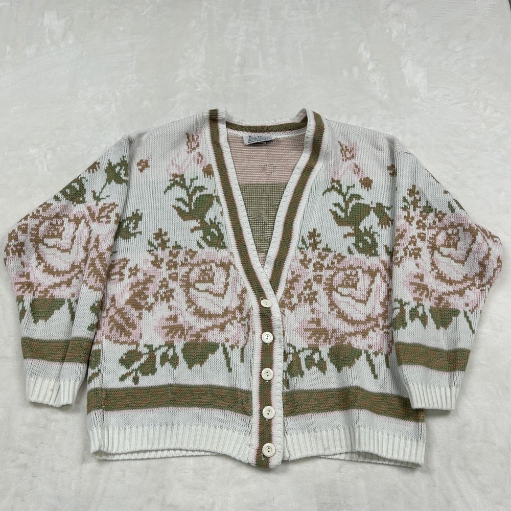 Nan Dorsey Cardigan Sweater Womens M White Floral Rose Knit V-Neck Vintage USA